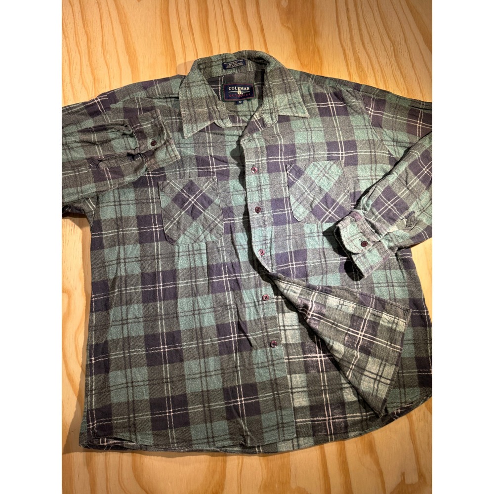Coleman Outdoors Men's Plaid Flannel Button Down Shirt Green Long Sleeve XL